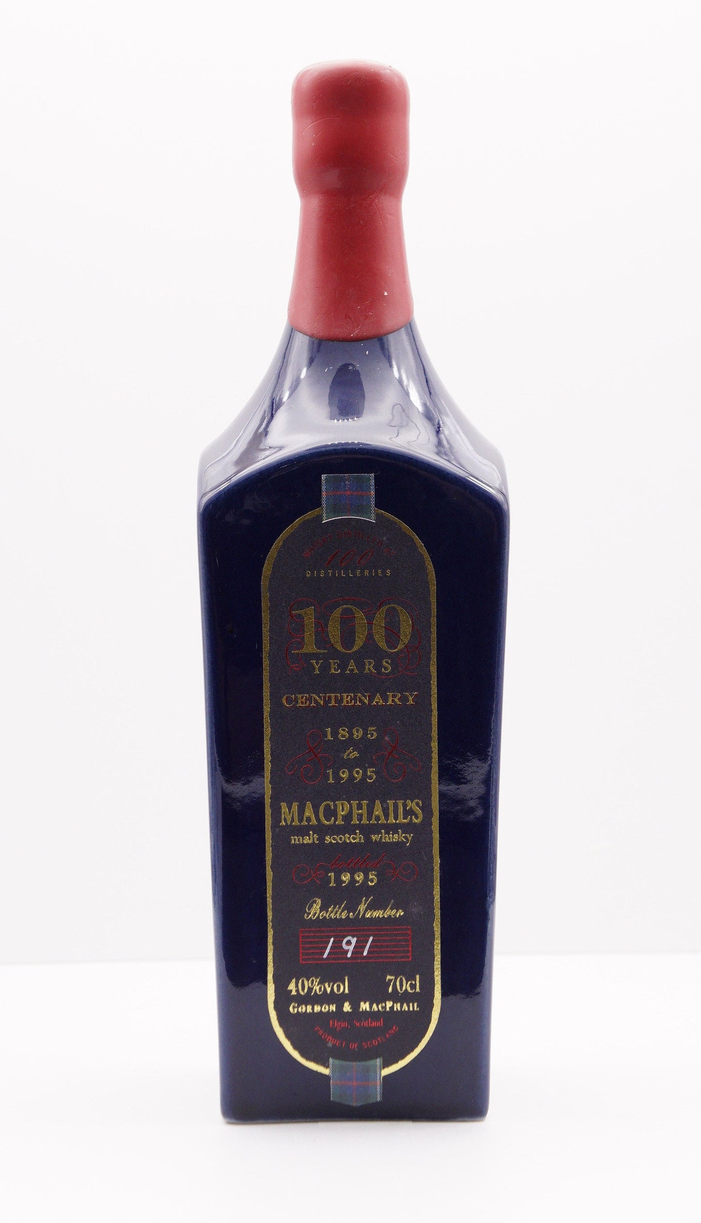 SECRET SPEYSIDE - MACPHAIL'S - SINGLE MALT - IB - GORDON & MACPHAIL (G&M) "CENTENARY 1895-1995" BLUE PORCELAIN BOTTLE