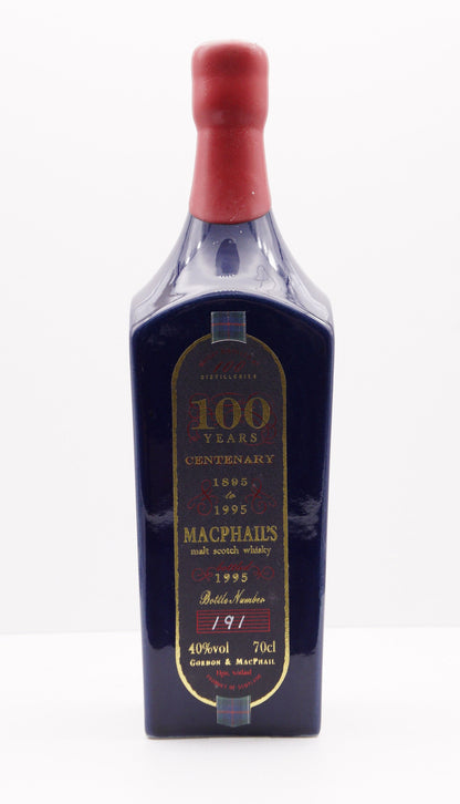 SECRET SPEYSIDE - MACPHAIL'S - SINGLE MALT - IB - GORDON & MACPHAIL (G&M) "CENTENARY 1895-1995" BLUE PORCELAIN BOTTLE