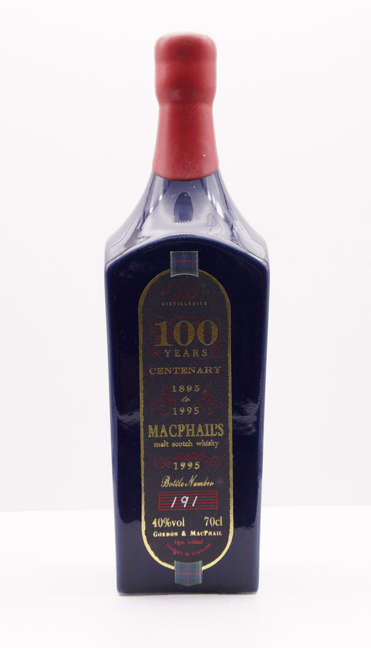 SECRET SPEYSIDE - MACPHAIL'S - SINGLE MALT - IB - GORDON & MACPHAIL (G&M) "CENTENARY 1895-1995" BLUE PORCELAIN BOTTLE