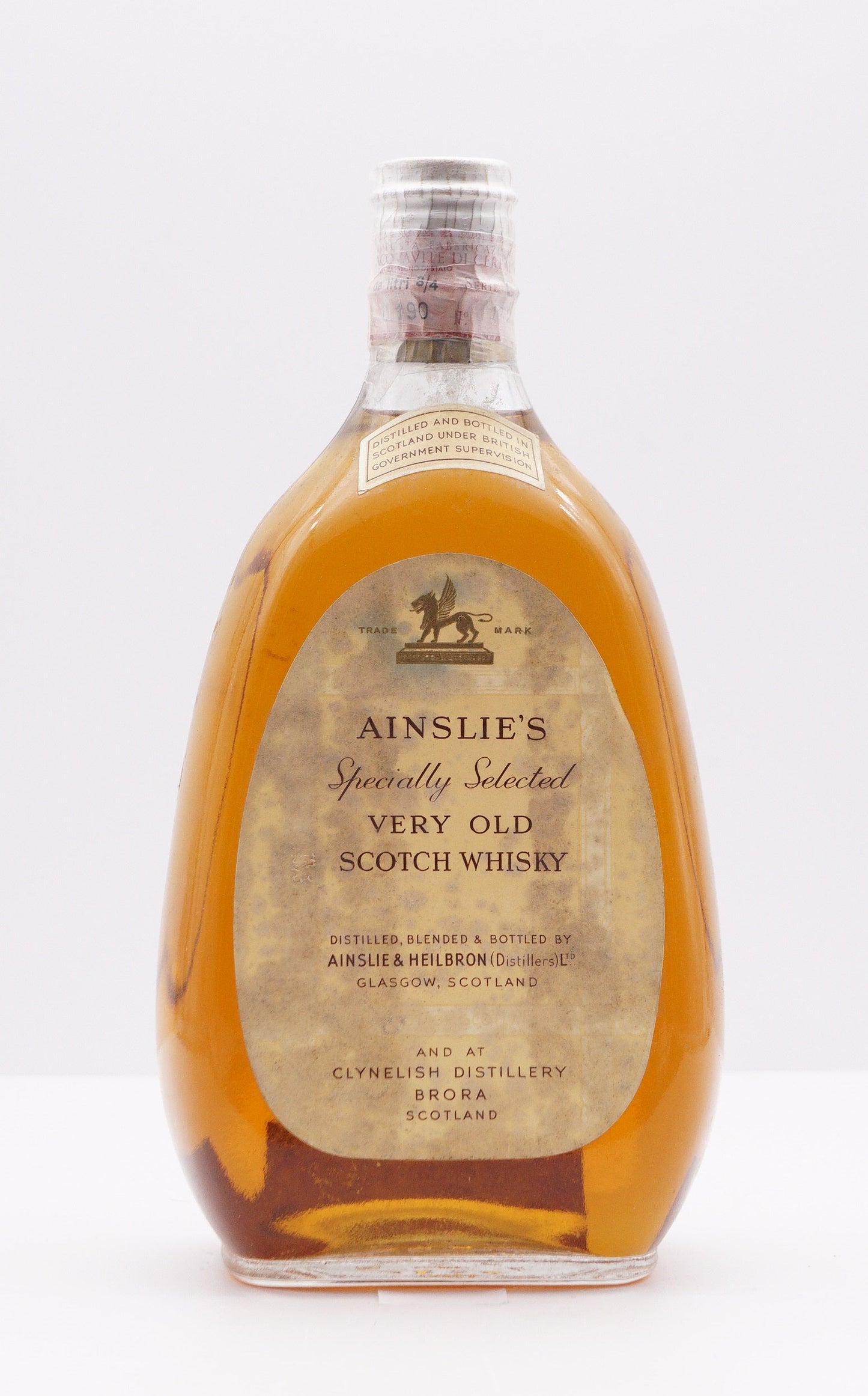 AINSLIE'S BLENDED "SPECIALLY SELECTED VERY OLD SCOTCH WHISKY" SPRING CAP 1960S (BRORA)